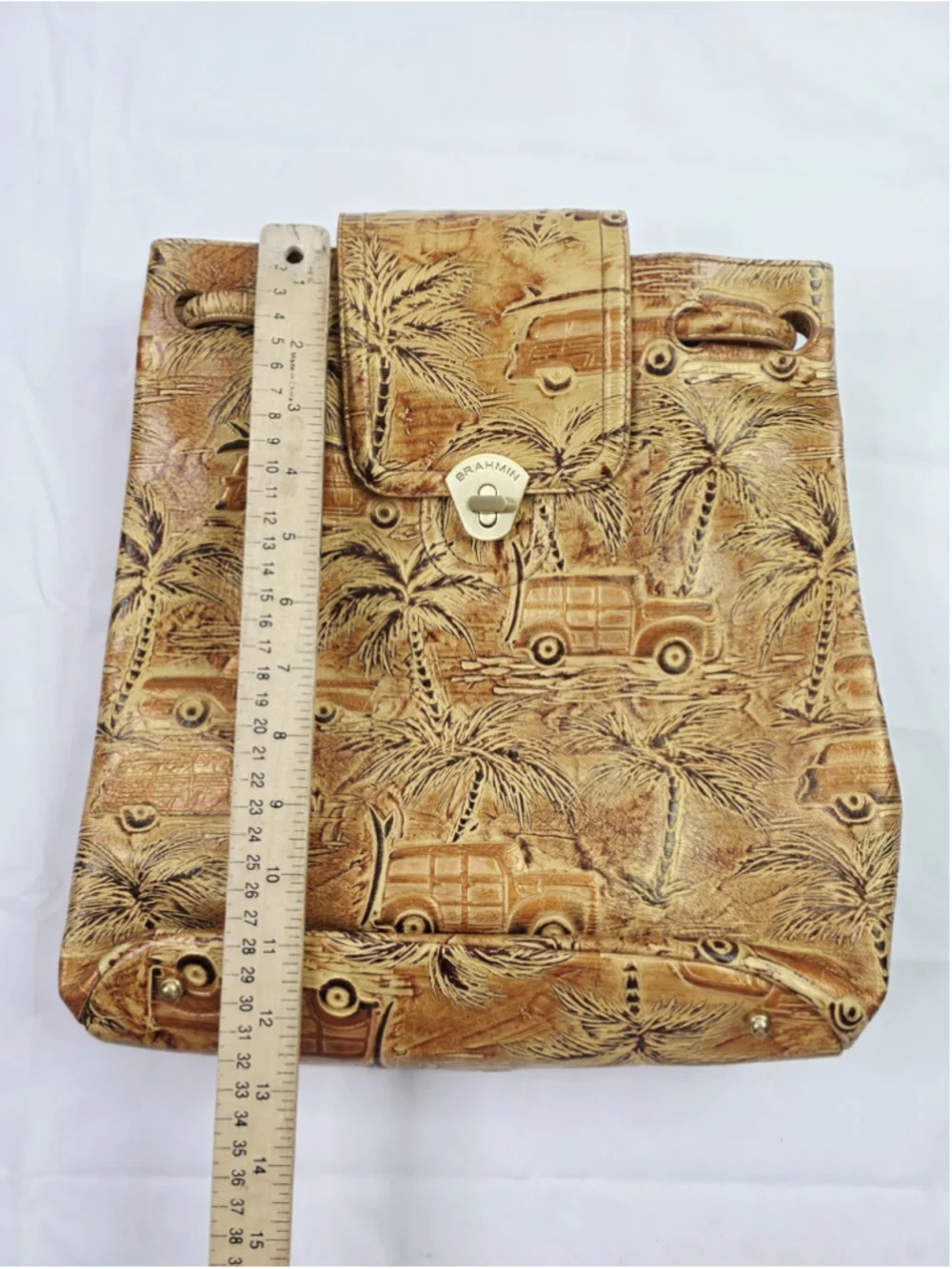 Y2K Brahmin Copper Copa Cabana Embossed Leather Backpack Purse Palm Tree Retro